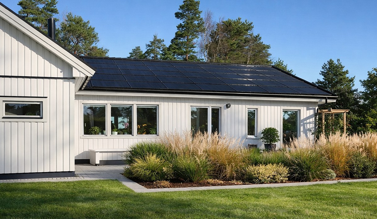 Maison moderne avec toiture solaire intégrée SoliTek en finition noire intégrale
